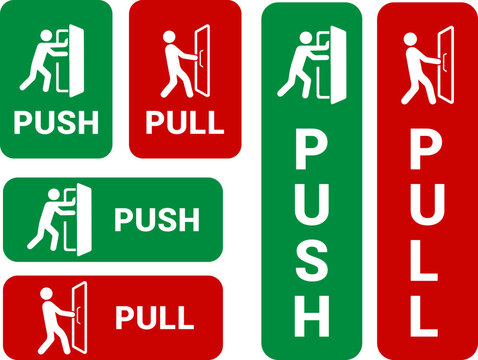 Collection of push and pull door signs in various vertical and horizontal orientations, featuring white icons on green and red backgrounds for clear navigation and facility access.
