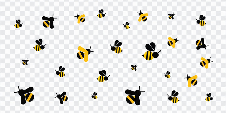 Collection of cute bee vector illustrations with yellow and black cartoon insects in flying poses on transparent background, ideal for kids designs, spring patterns, stickers and nature graphics.