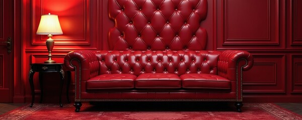 Naklejka premium Red leather tufted sofa sits in luxurious room. Classic Chesterfield furniture with side table lamp provides warm ambiance. Elegant interior design for rich home decor.