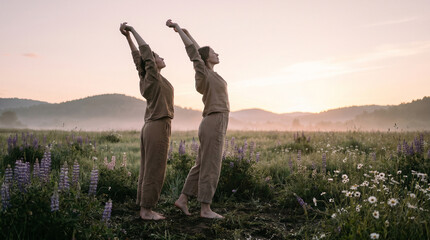 Fototapeta premium A barefoot woman stands in a dewy meadow at spring equinox dawn, arms outstretched toward pale pink light breaking over hills, wildflowers b 2