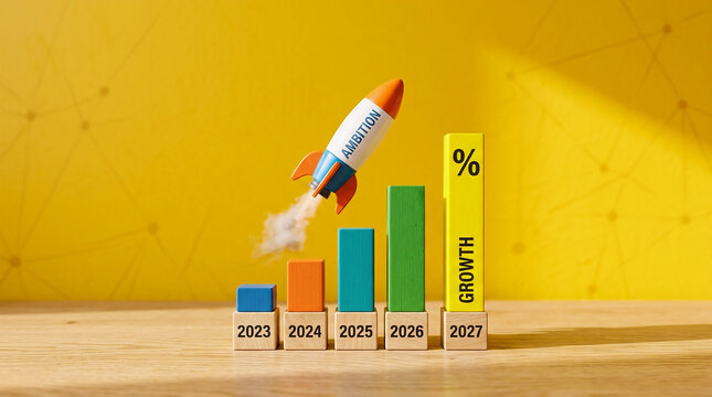 A colorful toy rocket labeled with ambition blasting off next to a rising bar graph made of blocks, representing rapid growth and progress from 2023 to 2027.