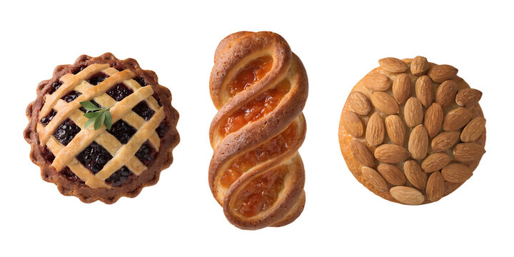 Set of 3 A series of pastries, each with a different topping isolated on a transparent background