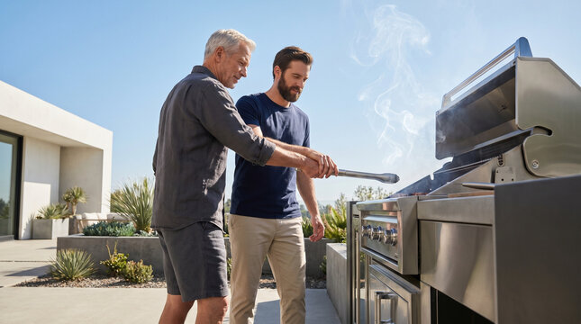 Two fathers from different generations stand grilling together at a backyard barbecue, the older man guiding the younger one's hand on the t 2