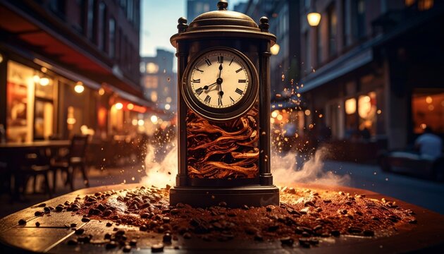 Clock Tower with Coffee Vortex Face in City