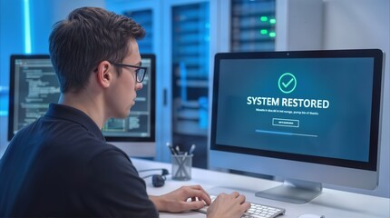 Fototapeta premium Computer programmer successfully completing data recovery process in high-tech server room. System restored message appearing on monitor screen during technical maintenance.