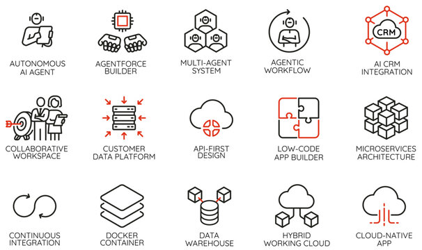 Vector Set of Linear Icons Related to Digital Technology, AI agents, Cloud Computing, Software Development, Infrastructure, Cloud Solutions, Microservices Architecture. Mono line pictograms