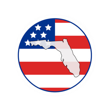 Florida state map over USA flag badge. Florida state map silhouette overlaid with the United States flag.