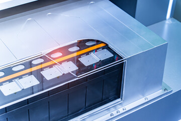 Fototapeta premium High-Tech Production of Lithium-ion Battery Pack Module for Electric Vehicles, Advanced EV Energy Storage System and Green Technology Manufacturing.