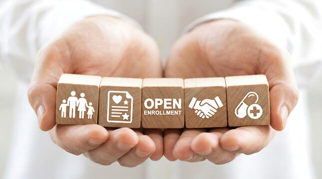 Open enrollment wooden blocks held in hands representing health insurance and medical benefits for family coverage