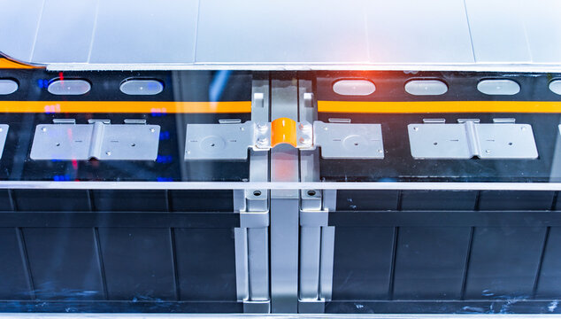 High-Tech Production of Lithium-ion Battery Pack Module for Electric Vehicles, Advanced EV Energy Storage System and Green Technology Manufacturing.