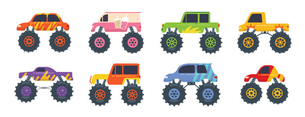 Colorful monster truck vector set with flame designs, off-road vehicles, big wheels and extreme racing cars.  Set of illustration of monster truck. Simple transport silhouette, vector illustration. © Nayab