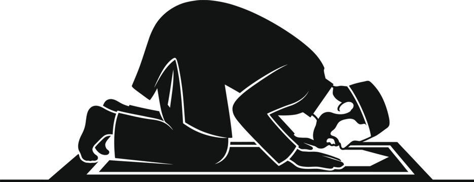Muslim Man Praying Sujud Silhouette - Islamic Prayer Vector Illustration