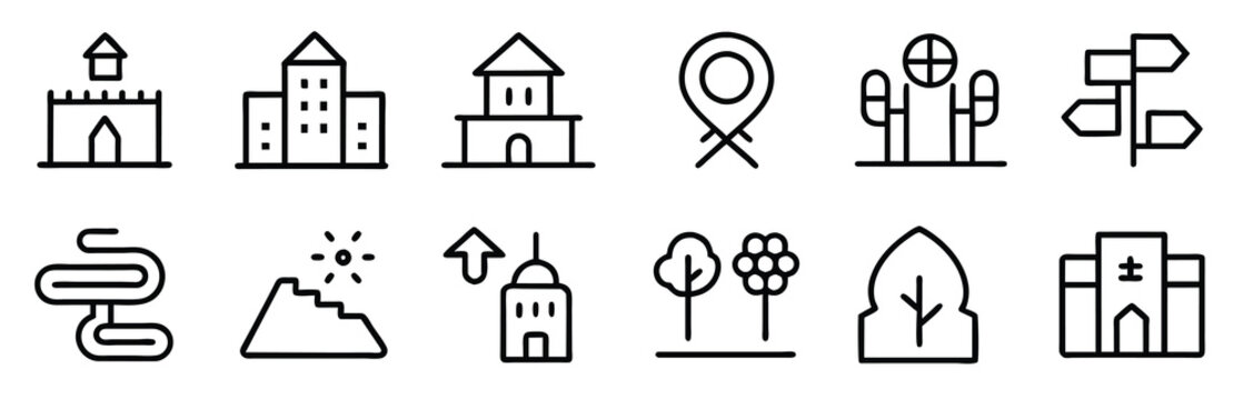 A set of line icons related to Inspiration. Brain, puzzle, wings, compass, rainbow, rocket, pathway, star, tree, sunrise, and so on editable stroke,  vector illustration.