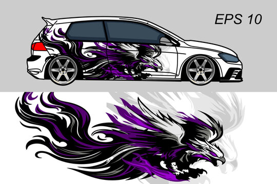 A purple eagle car with bold graphics and unique design elements.