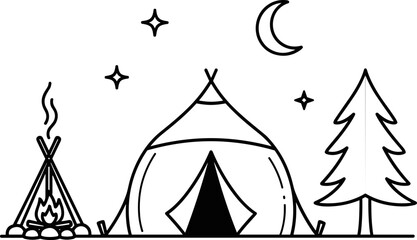 Camping night scene with teepee tent, campfire, pine tree, moon and stars © Brian