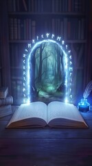 Fototapeta premium Mysterious portal with glowing runes rising from pages of book. Gateway to misty forest appearing in dark library setting.