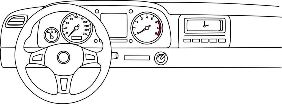 Car Dashboard Illustration - Steering Wheel, Speedometer, and Controls