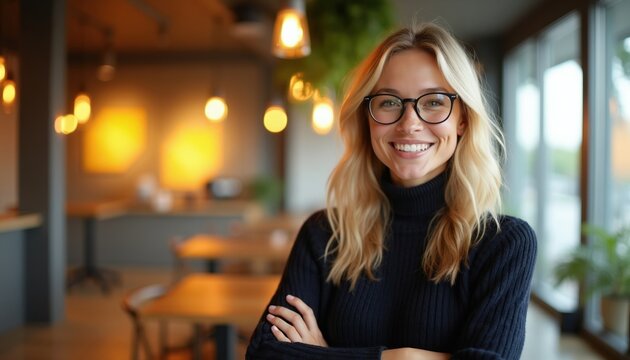 Young smiling woman with glasses indoors. She wears a dark turtleneck sweater in a modern cafe or office with warm lighting and plants. Confident, friendly, and pro.