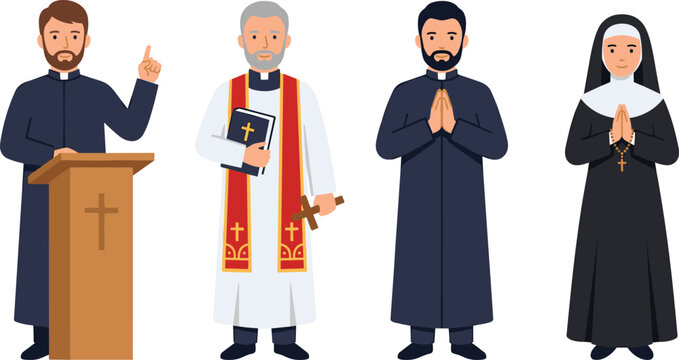 Christian Catholic Priest and Nun Character Vector Set with Clergy Preaching at Pulpit Holding Bible and Praying for Church Graphic Designs