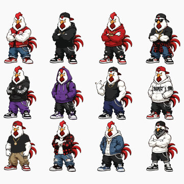 Funny Muscular Rooster Cartoon Bundle  Bodybuilder Chicken Mascot Illustration Set.ai