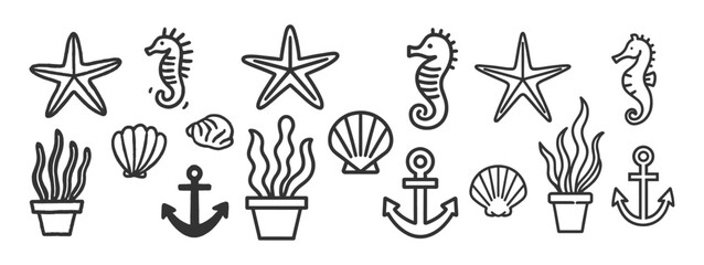 Minimalist Nautical Icons Including Starfish Seahorses Seashells Anchors and Potted Seaweed © 99VectorS