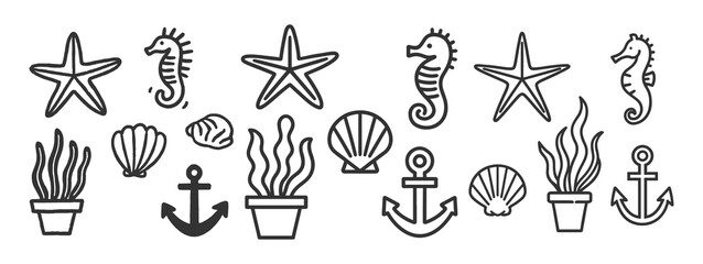 Minimalist Nautical Icons Including Starfish Seahorses Seashells Anchors and Potted Seaweed © 99VectorS