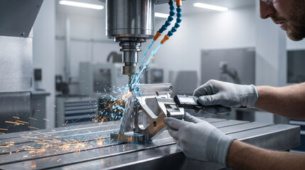 Naklejka na ściany i meble CNC milling machine carving precise titanium aerospace brackets, blue coolant spraying in arcs across spinning aluminum stock, sparks skimmi 3