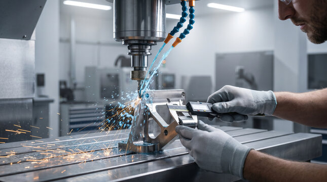 CNC milling machine carving precise titanium aerospace brackets, blue coolant spraying in arcs across spinning aluminum stock, sparks skimmi 3