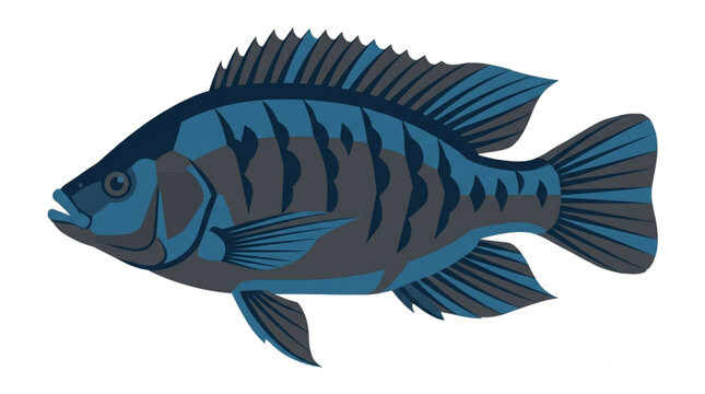 Blue striped cichlid fish illustration isolated on white background.