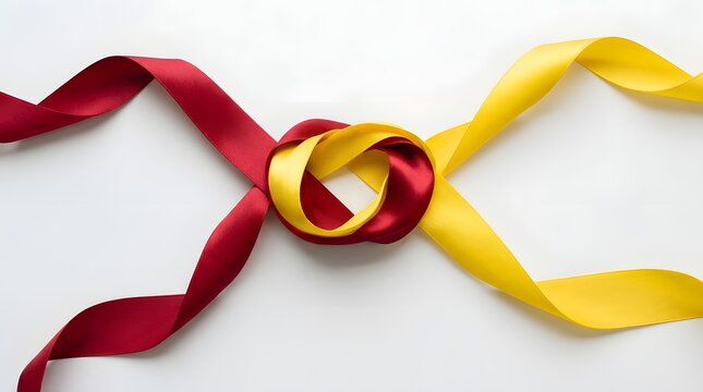 Red and yellow ribbons tied in a knot isolated on white background