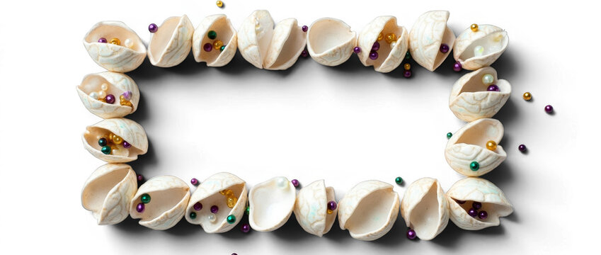 Rectangular seashell frame border with colorful beads, isolated on transparent background, cut out white shell decoration