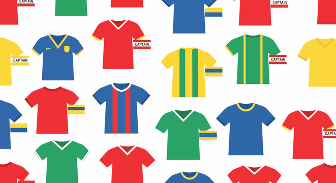 Seamless pattern with various colorful soccer jerseys and captain armbands on white background.