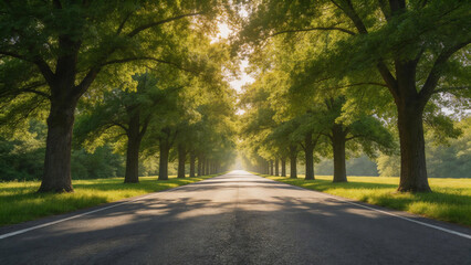 Obraz premium Symmetrical Tree Tunnel Road at Golden Hour — Serene Nature Path for Travel, Wellness & Corporate Branding