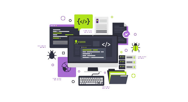 Software Development and Programming Concept Illustration with Desktop Computer, Code Windows, and IT Infrastructure Icons