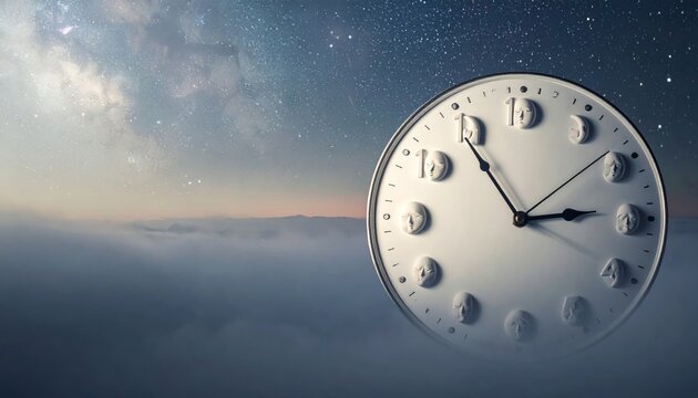 Dreamlike Clock Face with Sleeping Moon Numbers in Night Sky