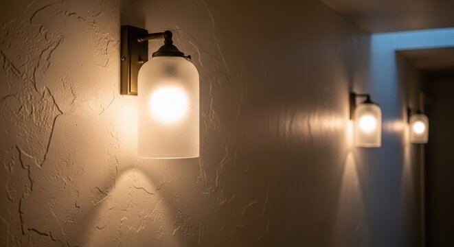 Frosted glass wall lantern casting a gentle, warm glow on a textured wall in an interior setting