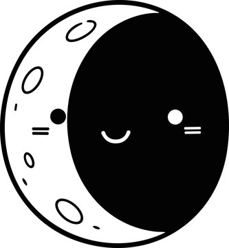 Cute crescent moon face with sleepy eyes and a smile, half dark, half light, vector illustration