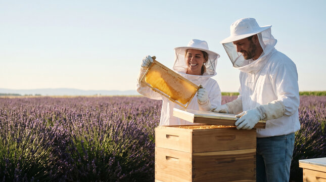 A couple harvests honey from backyard beehive boxes on a warm summer morning, wearing protective veils and gloves, golden comb held up catch 3