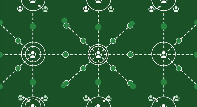 Seamless pattern with interconnected people icons and dashed lines on green background.