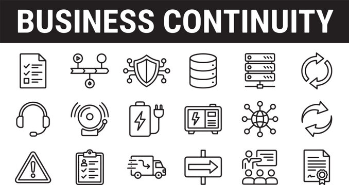 Business continuity and disaster recovery line icons set for corporate risk management and operational resilience planning vector