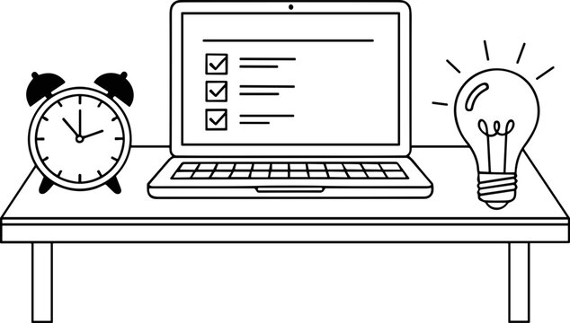 Desk with Laptop, Checklist, Alarm Clock, and Lightbulb - Business Planning and Ideas