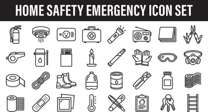 Home safety and emergency preparedness icon set featuring essential survival gear and disaster relief equipment vector illustration