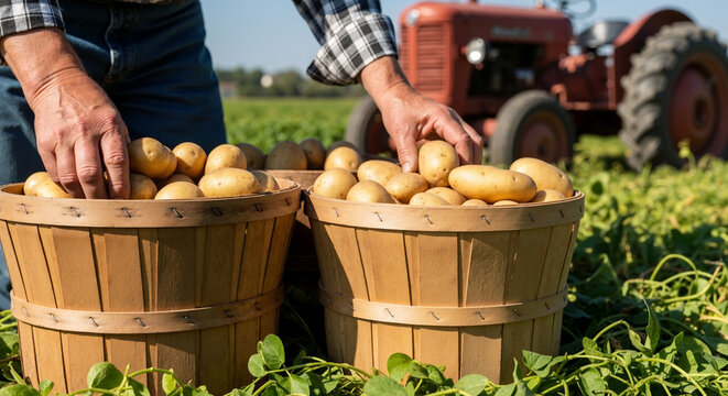 Vintage Potato Farm Scene with Farmer Harvesting Fresh Produce in Baskets for Agriculture Blogs, Farming Websites, Organic Food Education, and Sustainable Living Awareness