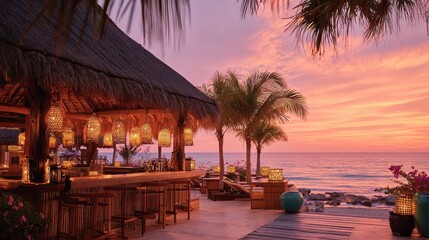 Fototapeta premium Tropical beach bar at sunset with tiki torches and ocean views. 