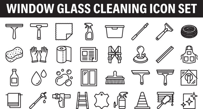 Window glass cleaning icon set featuring squeegees sponges and professional maintenance tools in a simple line art style