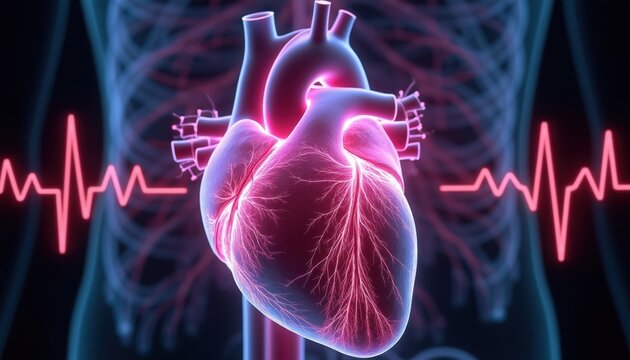 Detailed medical illustration shows human heart with complex vascular system. Pink glowing lines represent cardiac conduction pathways during arrhythmia. Blue outline torso structure internal organs.