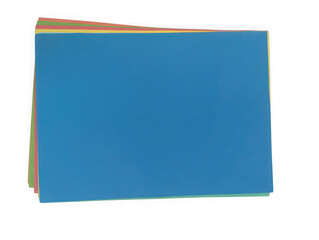 Fototapeta premium Stack of colorful blank paper sheets on a flat surface isolated on white background