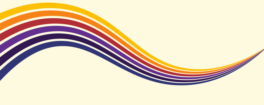 Abstract colorful 70s background vector. Vintage retro wallpaper with rainbow stripes and wavy lines. A 1970 color illustration suitable for posters, banners, decorative items and wall art.