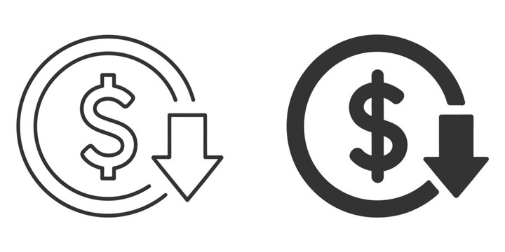 Cost reduction dollar decrease sign with profit decline symbol for financial saving, expense control and budget management