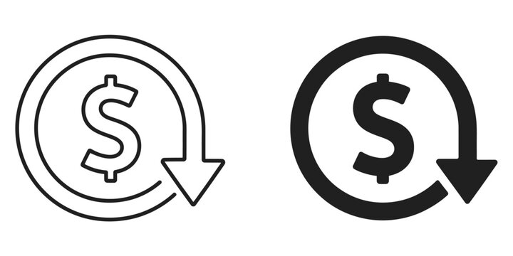 Cost saving icon with dollar decrease arrow representing profit reduction, expense optimization and financial management strategy, vector